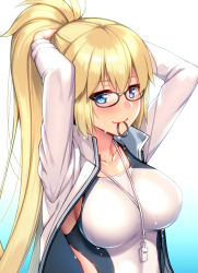 Rule 34 | 1girl, blonde hair, blue eyes, breasts, competition swimsuit, fate/grand order, fate (series), glasses, hair tie in mouth, jacket, jeanne d&#039;arc (fate), jeanne d&#039;arc (ruler) (fate), jeanne d&#039;arc (swimsuit archer) (fate), jeanne d&#039;arc (swimsuit archer) (second ascension) (fate), kouzuki tsubasa (musou kaidou), large breasts, long hair, mouth hold, one-piece swimsuit, ponytail, solo, swimsuit, tying hair, whistle, whistle around neck, white jacket