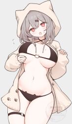 animal_hood black_bra black_panties blush bra breast_lift breasts cat_day cat_ear_bikini cat_ear_panties cat_hood cowboy_shot crossed_bangs fang flying_sweatdrops grabbing_own_breast grey_hair hair_ornament hairclip hands_up hashtag-only_commentary highres hood hoodie large_breasts long_sleeves looking_at_viewer medium_hair mole mole_on_breast navel o-ring o-ring_thigh_strap o-ring_top open_clothes open_hoodie original panties paw_print red_eyes risshu sidelocks simple_background single_sleeve_past_wrist skin_fang sweatdrop thigh_strap underwear watermark white_background