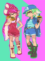 Rule 34 | + +, 2girls, :q, alternate hairstyle, bandana, baseball cap, belt, black footwear, blue headwear, blue jacket, blue shirt, blue shorts, boots, brown belt, brown eyes, callie (splatoon), closed mouth, commentary, cousins, cross-laced footwear, cup, disposable cup, earrings, emblem, english commentary, food, food on face, gomipomi, hand in pocket, hand on own hip, hat, holding, holding food, hoop earrings, hot dog, jacket, jacket on shoulders, jewelry, lace-up boots, long hair, looking at another, looking at viewer, marie (splatoon), mask, multiple girls, nintendo, overall shorts, overalls, pastel colors, pointy ears, purple shirt, red overalls, shirt, short hair, short sleeves, shorts, side ponytail, smile, squid, standing, striped clothes, striped shirt, tentacle hair, tongue, tongue out, two-tone background, white footwear