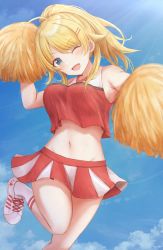 Rule 34 | 1girl, ;d, ahoge, armpit crease, bare shoulders, blonde hair, blue eyes, blue sky, blush, breasts, cheering, cheerleader, cloud, collarbone, commentary request, cowboy shot, crop top, crop top overhang, day, gameso, groin, hachimiya meguru, hair ornament, hairclip, hands up, highres, holding, holding pom poms, idolmaster, idolmaster shiny colors, kneehighs, large breasts, long hair, looking at viewer, midriff, miniskirt, navel, one eye closed, open mouth, partial commentary, pleated skirt, pom pom (cheerleading), pom poms, ponytail, red shirt, red skirt, shirt, shoes, sidelocks, skirt, sky, sleeveless, sleeveless shirt, smile, sneakers, socks, solo, standing, standing on one leg, white footwear, white socks