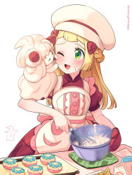 Rule 34 | 1girl, ;d, alcremie, alcremie (strawberry sweet), apron, baking sheet, blonde hair, blunt bangs, bowl, braid, buttons, chef hat, commentary request, cooking, cosplay, creatures (company), dawn (pokemon) (cosplay), dress, eyelashes, food, food on face, game freak, gen 8 pokemon, green eyes, hair ornament, hairclip, hat, highres, holding, holding whisk, kinocopro, licking, licking another&#039;s face, lillie (pokemon), long hair, mittens, nintendo, one eye closed, open mouth, oven mitts, pokemon, pokemon (creature), pokemon masters ex, pokemon sm, red dress, red mittens, smile, table, tongue, twitter username, watermark, whisk, white background, yellow apron