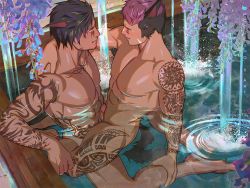 Rule 34 | 2boys, anal, animal ears, barefoot, black hair, erection, final fantasy, final fantasy xiv, male penetrated, mocucumo, multicolored hair, multiple boys, muscular, nipples, nude, penis, purple hair, sex, steam, straddling, tail, water, wet, yaoi