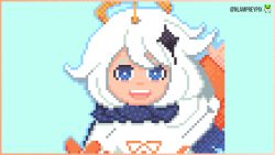 Rule 34 | 1girl, black cape, black scarf, blue background, blue eyes, bright pupils, cape, constellation, dress, genshin impact, halo, looking at viewer, nyordacks d. lamprey, paimon (genshin impact), pixel art, scarf, simple background, smile, solo, teeth, upper teeth only, vision (genshin impact), waving arms, white dress, white hair