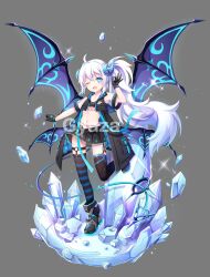 Rule 34 | 1girl, ;d, absurdres, ahoge, ankle boots, artist name, asymmetrical legwear, black footwear, black gloves, black jacket, black skirt, black sports bra, black thighhighs, blue eyes, blue horns, blue thighhighs, boots, crop top, crystal, demon girl, demon horns, demon tail, demon wings, elsword, fangs, fanzheng zhen zhishi ge ai moyu de mowang, flat chest, full body, garter straps, gloves, grey background, gyaza, hand up, highres, horns, huilu, jacket, leg up, legwear garter, long hair, looking at viewer, low wings, luciela r. sourcream, miniskirt, mismatched legwear, multiple wings, navel, o-ring legwear garter, ok sign, one eye closed, open clothes, open jacket, open mouth, ponytail, purple wings, see-through, see-through sleeves, short sleeves, skirt, smile, solo, sparkle, sports bra, standing, standing on one leg, star-shaped pupils, star (symbol), stomach, striped clothes, striped thighhighs, symbol-shaped pupils, tail, tail ornament, tail ring, thighhighs, two-tone legwear, very long hair, watermark, white hair, wings
