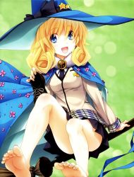 Rule 34 | 10s, 1girl, barefoot, blonde hair, blue eyes, blue hat, broom, cape, clasp, cloak, convenient leg, cross, feet, hair over eyes, hat, high school dxd, highres, knees, le fay, le fay pendragon, miyama-zero, non-web source, official art, plaid, ribbon, riding, school uniform, shoes, sidesaddle, skirt, smile, soles, solo, star (symbol), toes, witch hat
