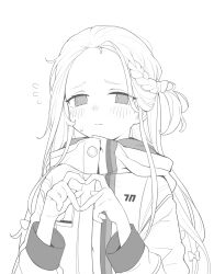 Rule 34 | 1girl, absurdres, blue archive, blush, braid, forehead, greyscale, heart, heart hands, highres, jacket, long hair, long sleeves, monochrome, one side up, parted bangs, rong hui, simple background, solo, upper body, very long hair, white background, yuzu (blue archive)