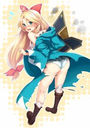 Rule 34 | 1girl, antenna hair, ass, bad id, bad pixiv id, blue eyes, blush, boots, bow, brown footwear, dabadhi, dress, embarrassed, exploding clothes, flying teardrops, from behind, green dress, hair between eyes, hair bow, hands up, highres, knee boots, kneehighs, legs apart, long hair, long sleeves, looking back, low-tied long hair, miniskirt, nose blush, open mouth, oshiro project:re, panties, parted bangs, pleated skirt, print panties, red bow, shirt, shiryoukaku (oshiro project), skirt, sleeveless, sleeveless shirt, socks, solo, standing, star (symbol), star print, teeth, torn boots, torn clothes, torn coat, torn shirt, torn skirt, underwear, upper teeth only, very long hair, white panties, white socks, wide sleeves