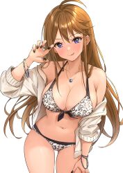 Rule 34 | 1girl, absurdres, ahoge, animal print, b1ack illust, bikini, black nails, blue eyes, bracelet, breasts, brown hair, commentary request, highres, idolmaster, idolmaster million live!, idolmaster million live! theater days, jacket, jewelry, large breasts, leopard print, long hair, looking at viewer, nail polish, necklace, off shoulder, open clothes, open jacket, simple background, smile, solo, swimsuit, tokoro megumi, tongue, tongue out, white background