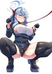 Rule 34 | 1girl, ako (blue archive), ankle boots, bad id, bad pixiv id, bdsm, bell, black footwear, black hairband, black panties, black thighhighs, blue archive, blue eyes, blue hair, blush, boots, breasts, cameltoe, chain, clenched teeth, collar, covered erect nipples, cuffs, earrings, framed breasts, hairband, halo, highres, jewelry, kuroisiro, large breasts, leash, long hair, long sleeves, neck bell, no pants, panties, parted lips, paw pose, pet play, shackles, shirt, sideboob, simple background, slave, solo, spread legs, squatting, stud earrings, teeth, thighhighs, thighs, underwear, v-shaped eyebrows, white background, white shirt