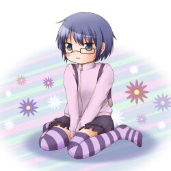 Rule 34 | 1girl, blue eyes, blue hair, blush, blush stickers, dot nose, flower, glasses, hidamari sketch, jacket, looking at viewer, medium hair, open mouth, sae (hidamari sketch), sitting, solo, striped clothes, striped thighhighs, thighhighs, yunyan s