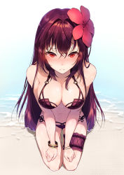 Rule 34 | 1girl, bad id, bad pixiv id, beach, bikini, blush, bracelet, breasts, bridal garter, cleavage, closed mouth, fate/grand order, fate (series), flower, from above, frown, hair between eyes, hair flower, hair ornament, hands on own thighs, highres, hplay, jewelry, long hair, looking at viewer, medium breasts, navel, outdoors, purple bikini, purple hair, red eyes, scathach (fate), scathach (fate/grand order), scathach (swimsuit assassin) (fate), seiza, sitting, solo, swimsuit, very long hair, water