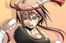 Rule 34 | 1girl, brown eyes, brown hair, close-up, covered erect nipples, fighting stance, headband, ichimedoo, kick boxing, looking at viewer, lowres, muay thai, open mouth, solo, tank top, wrist wrap