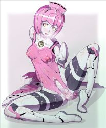 Rule 34 | 1girl, android, artist request, bukkake, censored, cum, cum on body, covered erect nipples, futanari, looking at viewer, phantasy star, pink eyes, pussy, solo, source request, spread pussy, tagme