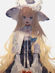 Rule 34 | 1girl, black dress, black hat, black ribbon, blonde hair, blood, blood on hands, blue bow, bow, braid, capelet, dress, fang, grey background, hair bow, hat, hat bow, highres, isshin (kaxz), kirisame marisa, long hair, looking at viewer, open mouth, ribbon, side braid, simple background, smile, solo, touhou, very long hair, white bow, witch hat, yellow eyes