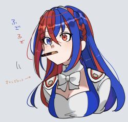 Rule 34 | 1girl, absurdres, alear (female) (divine attire) (fire emblem), alear (female) (fire emblem), alear (fire emblem), blue eyes, blue hair, blush, braid, breasts, cleavage cutout, clothing cutout, crossed bangs, fire emblem, fire emblem engage, food, food in mouth, heterochromia, highres, illust mi, long hair, medium breasts, mouth hold, multicolored hair, nintendo, official alternate costume, pocky, pocky in mouth, red eyes, red hair, romper, split-color hair, tiara, two-tone hair