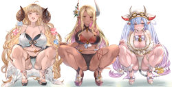 Rule 34 | ahoge, aldehyde, anila (granblue fantasy), anila (summer) (granblue fantasy), animal ears, bare shoulders, bell, bikini, black bikini, blonde hair, blush, breasts, brown eyes, catura (granblue fantasy), cleavage, collarbone, colored inner hair, commentary request, cow ears, cow girl, cow horns, cow tail, dark-skinned female, dark skin, draph, frills, goggles, goggles on head, granblue fantasy, grin, hair between eyes, hair ornament, hat, highres, horn ornament, horn ribbon, horns, huge breasts, kumbhira (granblue fantasy), kumbhira (summer) (granblue fantasy), large breasts, layered bikini, long hair, looking at viewer, multicolored hair, nail polish, navel, open mouth, pink hair, platform footwear, pointy ears, red bikini, ribbon, sandals, shadow, sidelocks, simple background, smile, squatting, swept bangs, swimsuit, tail, thighs, two-tone hair, white background, white bikini