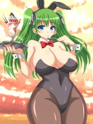 Rule 34 | 1girl, animal ears, blue eyes, bow, bowtie, breasts, cleavage, covered navel, cowboy shot, curvy, detached collar, eating, fake animal ears, female focus, food, frills, green hair, groin, hair ornament, hair ribbon, hairband, highleg, highleg leotard, hip focus, holding, huge breasts, ice cream, ishioto, large breasts, leotard, light smile, long hair, original, outdoors, pantyhose, playboy bunny, pocky, rabbit ears, ribbon, shiny clothes, shiny skin, sideboob, smile, solo, spoon, standing, strapless, sundae, thick thighs, thighs, tray, twintails, two side up, wide hips, wrist cuffs