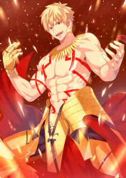 Rule 34 | 1boy, :d, absurdres, alternate pectoral size, armor, blonde hair, brown background, chest tattoo, cowboy shot, earrings, fate/grand order, fate/stay night, fate (series), gilgamesh (fate), gloves, gold armor, highres, jewelry, large pectorals, lock, lock earrings, looking at viewer, male focus, mazjojo, muscular, navel, neck, necklace, open mouth, pectorals, red eyes, single glove, smile, solo, tattoo, topless male