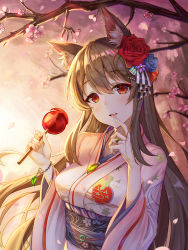Rule 34 | 1girl, animal ear fluff, animal ears, blue flower, blue rose, blush, breasts, brown hair, candy apple, cherry blossoms, dddsunsky, fang, finger to mouth, floral print, flower, food, hair between eyes, hair flower, hair ornament, highres, holding, holding food, japanese clothes, jewelry, kimono, large breasts, leaf, leaf necklace, long hair, long sleeves, looking at viewer, open mouth, original, parted lips, red eyes, ring, rose, solo, teeth, tree, upper teeth only, wide sleeves, wristband