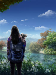Rule 34 | 1girl, bag, black hair, blue sky, camera, cloud, commentary request, day, forest, geshi, grass, holding, lake, landscape, long hair, mountain, nature, original, pants, plant, reflection, reflective water, scenery, shirt, sky, solo, tree