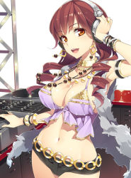Rule 34 | 1girl, armlet, bangle, bracelet, breasts, choker, cleavage, dj, drill hair, earrings, eyelashes, headphones, hisho collection, jewelry, large breasts, long hair, looking at viewer, midriff, mmu, navel, necklace, official art, open mouth, orange eyes, phonograph, red hair, ringlets, short shorts, shorts, smile, solo, strap gap, tareme, turntable, vest