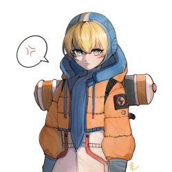 Rule 34 | 1girl, anger vein, animification, apex legends, blonde hair, blue eyes, blue gloves, blue headwear, blue sweater, bodysuit, cable, chinese commentary, facial scar, frown, gloves, highres, hood, hood down, hooded bodysuit, hooded jacket, jacket, orange jacket, procreate (medium), ribbed sweater, scar, scar on cheek, scar on face, shengdiyu, solo, speech bubble, spoken anger vein, sweater, upper body, v-shaped eyebrows, wattson (apex legends), white bodysuit