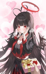 Rule 34 | 1girl, 1other, absurdres, antenna hair, black hair, black nails, black sailor collar, black serafuku, black skirt, black wings, blue archive, blush, bment423, box, breasts, cleavage, closed mouth, embarrassed, fingernails, gift, gift box, halo, heart, highres, holding, holding gift, large breasts, long hair, melting halo, nail polish, neckerchief, pleated skirt, red eyes, red halo, red neckerchief, sailor collar, school uniform, serafuku, skirt, solo focus, tsurugi (blue archive), twitter username, valentine, wings