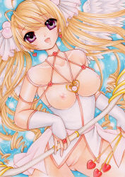 Rule 34 | 1girl, :d, absurdres, angel wings, antenna hair, arrow (projectile), blonde hair, bow (weapon), breastless clothes, breasts, bridal gauntlets, cleft of venus, earrings, female focus, hair ornament, heart, heart earrings, highres, jewelry, long hair, looking at viewer, marker (medium), mocomoco party, nipples, no panties, open mouth, original, purple eyes, pussy, smile, solo, traditional media, twintails, uncensored, weapon, wings