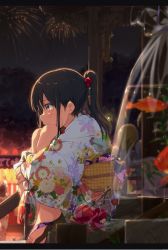 Rule 34 | 1girl, animal, bag, bagged fish, black hair, blurry, blush, brown eyes, candy apple, depth of field, fireworks, fish, floral print, food, goldfish, hair bobbles, hair ornament, highres, holding, holding bag, hugging own legs, japanese clothes, kimono, knees to chest, knees to chest, knees up, legs together, letterboxed, long sleeves, looking afar, night, night sky, no socks, ogipote, outdoors, ponytail, profile, sandals, sash, sidelocks, sitting, sky, solo focus, stairs, tassel, transparent, water, wide sleeves, yukata