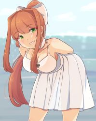 Rule 34 | 1girl, :d, blush, bow, breasts, cleavage, doki doki literature club, dress, green eyes, hair bow, large breasts, leaning forward, long hair, looking at viewer, monika (doki doki literature club), open mouth, ponytail, raion (raionart), ribbon, simple background, smile, solo, white dress