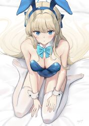 Rule 34 | 1girl, animal ears, bare shoulders, blonde hair, blue archive, blue bow, blue bowtie, blue eyes, blue halo, blue leotard, bow, bowtie, braid, breasts, detached collar, fake animal ears, from above, halo, highres, leotard, long hair, looking at viewer, may9, medium breasts, multicolored hair, official alternate costume, playboy bunny, rabbit ears, signature, sitting, solo, strapless, strapless leotard, streaked hair, thighhighs, toki (blue archive), toki (bunny) (blue archive), wariza, white thighhighs, wrist cuffs