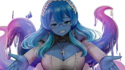 Rule 34 | 1girl, blue-framed eyewear, blue eyes, blue hair, blue skin, blush, breasts, choker, cleavage, colored skin, commission, commissioner upload, cross, cross necklace, detached sleeves, eyebrows, glasses, grin, hair between eyes, heart, heart choker, highres, jewelry, kirimatsu, large breasts, long hair, long sleeves, looking at viewer, maid, maid headdress, messy hair, monster girl, multicolored hair, necklace, original, outstretched arms, parted lips, rectangular eyewear, sidelocks, slime girl, smile, solo, teeth, tentacles, transparent background, two-tone hair, upper body, wallpaper, wavy hair