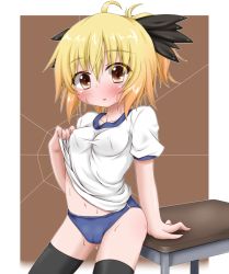 Rule 34 | 1girl, alternate costume, black thighhighs, blonde hair, blush, bow, breasts, brown eyes, buruma, clothes lift, female focus, gym uniform, hair bow, kurodani yamame, oden (th-inaba), open mouth, ponytail, shirt lift, short hair, solo, sweat, table, thighhighs, touhou