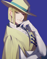 Rule 34 | 13 (bbr584607091), 1boy, blonde hair, blue background, bob cut, commentary, gloves, green eyes, hand up, hat feather, highres, long sleeves, looking at viewer, male focus, robe, rook hunt, shading face, shirt, simple background, smile, solo, symbol-only commentary, thinking, twisted wonderland, upper body, white gloves, white shirt, yellow headwear, yellow robe