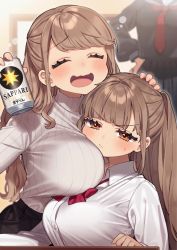 Rule 34 | 3girls, alcohol, beer, beer can, black shirt, black skirt, blunt bangs, blush, breasts, brown eyes, brown hair, can, character request, closed eyes, closed mouth, collared shirt, commentary request, drink can, drunk, frown, hand on another&#039;s head, hands on own hips, head out of frame, highres, kodama (sakura yuki), large breasts, long hair, long sleeves, multiple girls, necktie, open mouth, original, pleated skirt, ponytail, red necktie, ribbed sweater, sakura yuki (clochette), school uniform, serafuku, shirt, shirt tucked in, siblings, sisters, skirt, smile, sweatdrop, sweater, swept bangs, turtleneck, turtleneck sweater, wavy mouth, white shirt