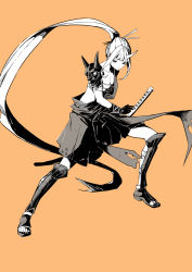 Rule 34 | 1girl, armor, bandaged arm, bandages, closed mouth, collarbone, fighting stance, gloves, greaves, greyscale with colored background, hare (yamihuji), hatching (texture), highres, holding, holding sheath, horns, katana, long hair, mask, unworn mask, nail polish, oni, oni mask, orange background, original, partially colored, pauldrons, ponytail, scabbard, sheath, sheathed, shoulder armor, simple background, single horn, solo, sword, toeless footwear, toenail polish, toenails, torn, torn clothes, very long hair, weapon