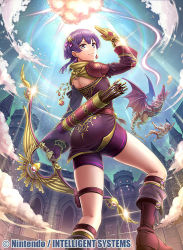 Rule 34 | 1boy, 1girl, absurdres, armor, ass, bernadetta von varley, bike shorts, boots, bow (weapon), castle, cloud, crossbow, fire emblem, fire emblem: three houses, from behind, from below, full body, hair ornament, highres, knight, looking at viewer, medium hair, nintendo, official art, purple eyes, purple hair, sky, smile, weapon