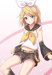 Rule 34 | 1girl, akira (been0328), bad id, bad pixiv id, belt buckle, black footwear, black sailor collar, black shorts, blonde hair, boots, buckle, closed mouth, commentary request, detached sleeves, gradient background, groin, hair between eyes, hair ornament, hair ribbon, hairclip, head tilt, headphones, kagamine rin, knee boots, long hair, long sleeves, midriff peek, navel, pink background, ribbon, sailor collar, shirt, short shorts, shorts, sitting, sleeveless, sleeveless shirt, smile, solo, swept bangs, vocaloid, white background, white ribbon, white shirt, wide sleeves