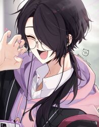 Rule 34 | 1boy, absurdres, artist name, backpack, bag, black hair, blush, cellphone, closed eyes, collared shirt, commentary request, ear piercing, earphones, fang, glasses, hair over one eye, hanami haru, highres, hood, hoodie, long hair, mole, mole under mouth, nail polish, open mouth, original, phone, piercing, shirt, skin fang, smartphone, tongue