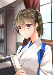 Rule 34 | 1girl, batacchi (mashimashi butter), binder, book, bookshelf, brown eyes, brown hair, commentary, curtains, fingernails, hair between eyes, highres, holding, holding book, indoors, japanese clothes, jewelry, kaga (kancolle), kantai collection, light smile, long hair, looking at viewer, looking to the side, office, ring, shelf, side ponytail, solo, tasuki, upper body, wedding band, window