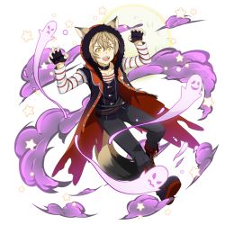 Rule 34 | 1boy, :d, alternate eye color, animal ears, black gloves, black pants, blonde hair, boots, coat, eugeo, fangs, fingerless gloves, full body, full moon, gloves, halloween, halloween costume, highres, long sleeves, looking at viewer, male focus, moon, non-web source, official art, open mouth, pants, shirt, short hair, smile, solo, striped clothes, striped shirt, sword art online, transparent background, werewolf, white shirt, wolf ears, yellow eyes