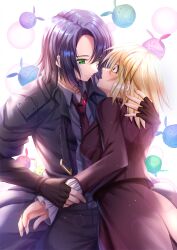 Rule 34 | 1boy, 1girl, amulet, athrun zala, blonde hair, blue hair, blush, breasts, cagalli yula athha, couple, formal, green eyes, grey jacket, grey shirt, gundam, gundam seed, gundam seed freedom, hand on another&#039;s wrist, haro, highres, hug, jacket, jewelry, looking at another, medium breasts, pant suit, pants, red tie, ring, shirt, short hair, smile, suit, surprised, toshi (1-147), white background, yellow eyes