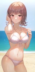 Rule 34 | 1girl, absurdres, adjusting hair, beach, bikini, brown hair, collarbone, commentary, contrapposto, cowboy shot, danganronpa (series), danganronpa 2: goodbye despair, danganronpa s: ultimate summer camp, day, foreshortening, front-tie bikini top, front-tie top, hair ornament, halterneck, hand in own hair, hands up, highres, holding strap, jewelry, looking at viewer, medium hair, nanami chiaki, navel, necklace, official alternate costume, outdoors, skindentation, solo, spaceship hair ornament, stomach, swimsuit, tokkyu, white bikini