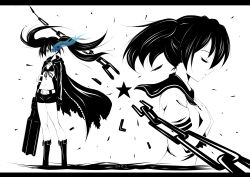 Rule 34 | 10s, 1girl, absurdres, bikini, bikini top only, black rock shooter, black rock shooter (character), boots, chain, closed eyes, dual persona, flat chest, glowing, glowing eye, greyscale, hands on another&#039;s chest, hands on own chest, highres, knee boots, letterboxed, long hair, monochrome, osashin (osada), school uniform, serafuku, simple background, solo, star (symbol), swimsuit, twintails, weapon, white background