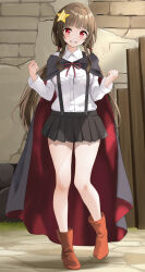 Rule 34 | 1girl, absurdres, aged up, black cape, black skirt, blunt bangs, blunt ends, blush, boots, breasts, brown footwear, brown hair, cape, clenched hands, collared shirt, colored eyelashes, commentary, commission, day, dress shirt, eyebrows hidden by hair, female focus, full body, gibun (sozoshu), grin, hair ornament, hands up, happy, highres, komekko, kono subarashii sekai ni shukufuku wo!, long hair, long sleeves, looking at viewer, low twintails, medium breasts, miniskirt, outdoors, pleated skirt, red eyes, red ribbon, ribbon, school uniform, shirt, sidelighting, sidelocks, skirt, smile, solo, standing, star (symbol), star hair ornament, suspender skirt, suspenders, tachi-e, twintails, variant set, very long hair, w arms, white shirt