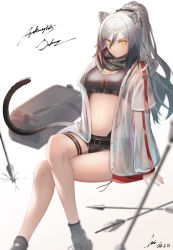 Rule 34 | 1girl, absurdres, animal ears, arknights, arrow (projectile), bag, bare legs, black scarf, black shorts, breasts, cat ears, cat tail, chromatic aberration, commentary request, commentary typo, crack, crop top, dated, feet out of frame, grey background, grey footwear, highres, ioriwu8, jacket, crossed legs, long hair, long sleeves, looking at viewer, medium breasts, midriff, navel, open clothes, open jacket, revision, scarf, schwarz (arknights), see-through, shoes, short shorts, shorts, signature, silver hair, simple background, sitting, solo, stomach, tail, thigh strap, thighs, v-shaped eyebrows, white jacket, yellow eyes