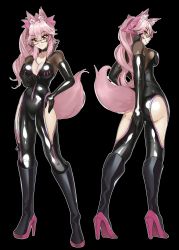 Rule 34 | 1girl, animal ear fluff, animal ears, ass, black background, black bodysuit, blush, bodysuit, boots, breasts, center opening, choker, cleavage, collarbone, fate/grand order, fate (series), fox ears, fox girl, fox tail, glasses, hair ribbon, high heel boots, high heels, highres, koyanskaya (fate), large breasts, latex, latex bodysuit, long hair, looking at viewer, looking back, pink hair, ribbon, ribbon choker, side ponytail, skin tight, solo, tail, tamamo (fate), volyz, white-framed eyewear, yellow eyes