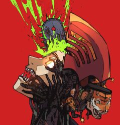 Rule 34 | 1girl, absurdres, blonde hair, blood, blood splatter, burger, chainsaw, chainsaw man, denji (chainsaw man), egg, food, glowing, glowing eyes, green blood, highres, looking up, open mouth, pizza, red background, sharp teeth, short hair, simple background, solo, teeth, tiger, transformation, yakutzan, yellow eyes