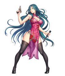 Rule 34 | 1girl, aqua eyes, aqua hair, bdsm, black thighhighs, blush, bondage, bound, breasts, chinese clothes, cleavage, cleavage cutout, clothing cutout, curvy, female focus, full body, gun, high heels, highres, holding, holding weapon, injury, knife, large breasts, lilith-soft, long hair, looking back, makishima ayame, nail polish, no bra, panties, pink nails, see-through, shiny skin, side-tie panties, simple background, solo, spread legs, standing, striped clothes, striped panties, sweat, taimanin (series), taimanin kurenai, taimanin rpgx, thighhighs, thong, underwear, very long hair, weapon, white background, zol
