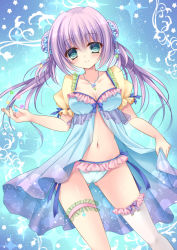 Rule 34 | 1girl, aqua eyes, babydoll, bad id, bad pixiv id, blue bow, blush, bow, bow legwear, breasts, cleavage, collarbone, double bun, flower, frilled thighhighs, frills, hair between eyes, hair bun, hair flower, hair ornament, heart, jewelry, kohinata hoshimi, lingerie, long hair, looking at viewer, medium breasts, navel, necklace, negligee, original, pendant, purple bow, purple hair, shiny skin, short sleeves, single thighhigh, skirt hold, smile, solo, thigh strap, thighhighs, twintails, underwear, white thighhighs